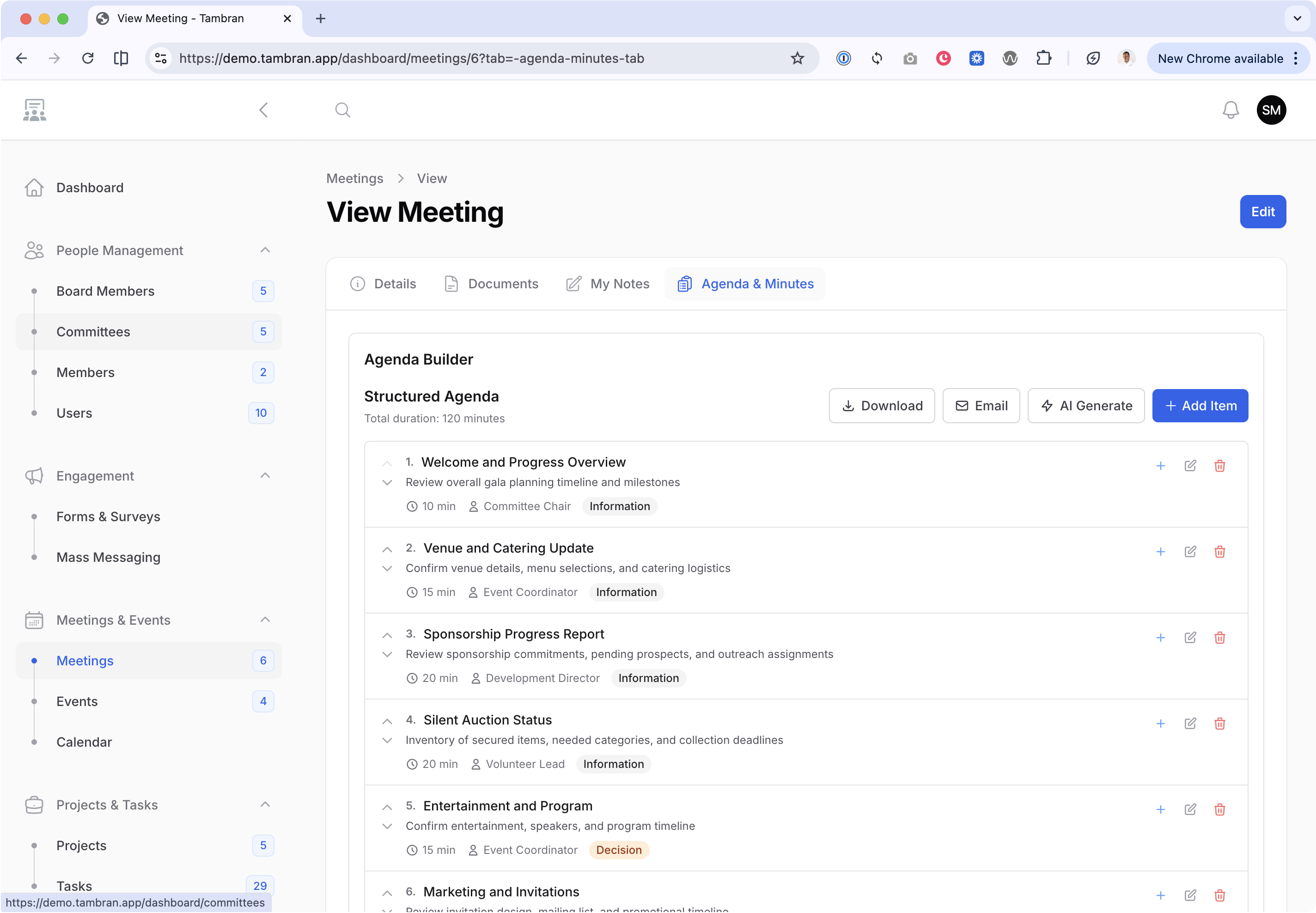 Tambran meeting management dashboard